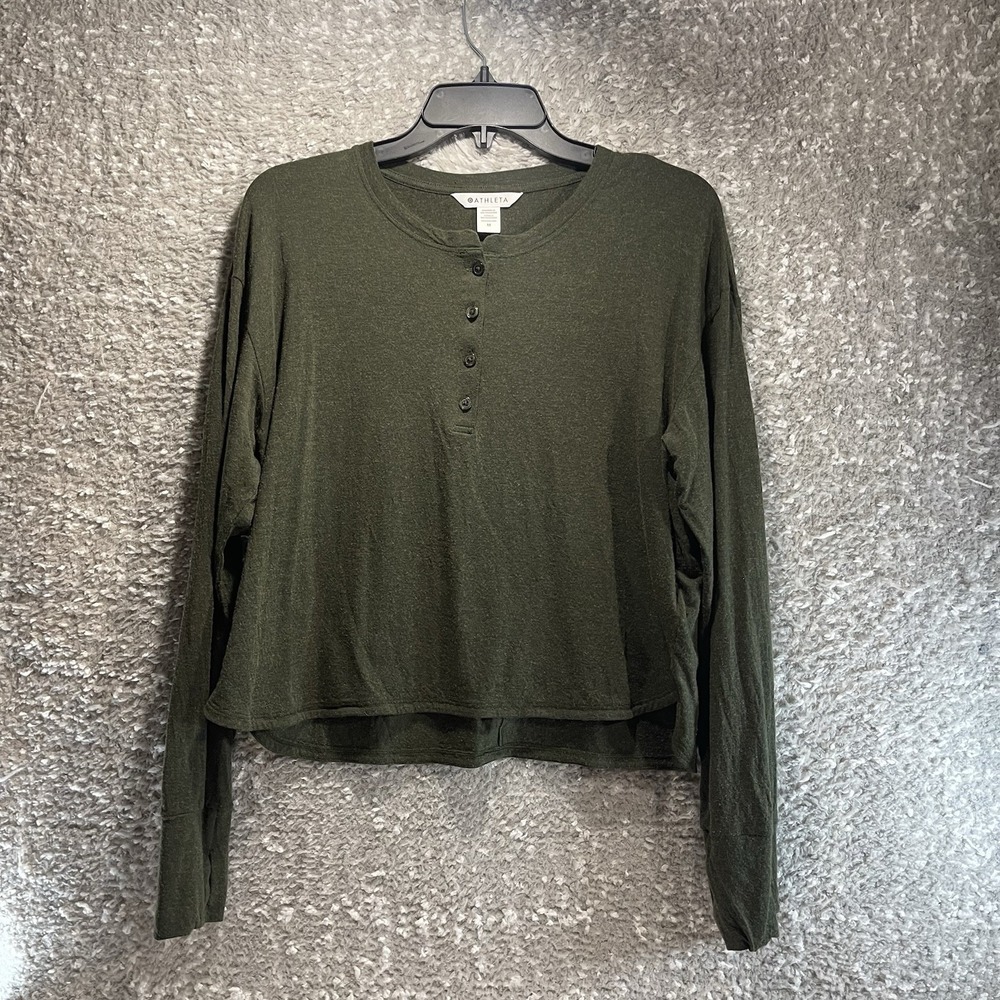 Athleta‎ Canyon Henley Top Aspen Olive Crop Long Sleeve Yoga Tencel Wool M Boxy